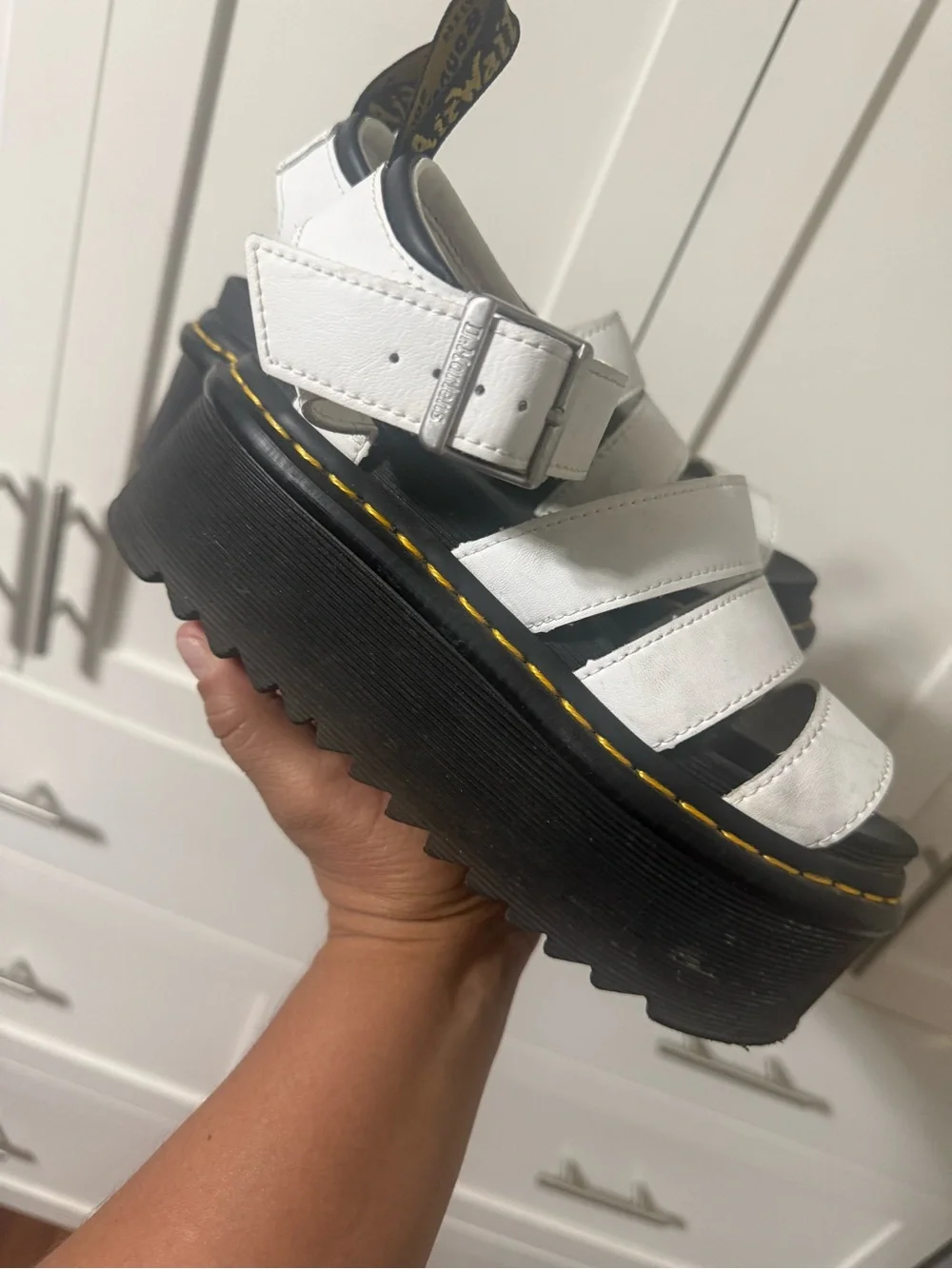 Dr. Martens White Leather Platform Gladiator Sandals with Yellow Stitching